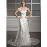 Sheath/Column Square Neckline Court Train Satin Lace Wedding Dress With Ruffle Beadwork Sequins (002004755)