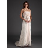 Empire Strapless Sweep Train Chiffon Lace Bridesmaid Dress With Ruffle (007016857)