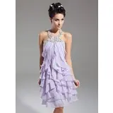 Sheath Halter Knee-Length Chiffon Homecoming Dress With Ruffle Beading (022015085)