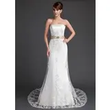 A-Line/Princess Strapless Court Train Satin Tulle Wedding Dress With Lace Sashes Crystal Brooch Sequins (002011998)