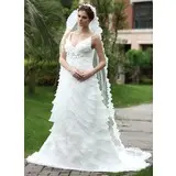 Empire V-neck Chapel Train Organza Satin Wedding Dress With Ruffle Beadwork Flower(s) (002000620)