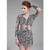 Sheath Scoop Neck Short/Mini Tulle Cocktail Dress With Beading Appliques Sequins (016008340)