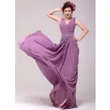 A-Line/Princess V-neck Sweep Train Chiffon Evening Dress With Ruffle Beading (017014010)