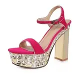 Real Leather Chunky Heel Slingbacks Pumps Sandals With Crystal Heel (086025053)