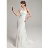 Sheath/Column Halter Watteau Train Chiffon Tulle Wedding Dress With Ruffle Lace Beadwork (002011453)