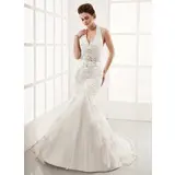 Mermaid Halter Court Train Satin Tulle Wedding Dress With Lace Beadwork (002012139)