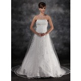 Empire Strapless Watteau Train Tulle Charmeuse Wedding Dress With Lace Beadwork (002016930)