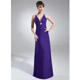 Sheath V-neck Floor-Length Chiffon Holiday Dress With Ruffle Crystal Brooch (020003308)