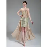 Sheath Strapless Asymmetrical Chiffon Satin Prom Dress With Beading Sequins (018018895)