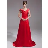 A-Line/Princess V-neck Sweep Train Charmeuse Lace Evening Dress With Ruffle Beading (017005598)