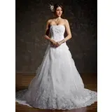 Ball-Gown Strapless Chapel Train Organza Satin Wedding Dress With Ruffle Lace Beadwork (002011556)