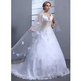 Ball-Gown V-neck Chapel Train Satin Tulle Wedding Dress With Lace Sashes Beadwork (002000546)
