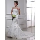 Mermaid Strapless Chapel Train Satin Lace Wedding Dress With Beadwork (002000487)
