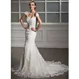 Mermaid Off-the-Shoulder Court Train Satin Tulle Wedding Dress With Lace Beadwork (002011499)