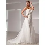 Empire Strapless Court Train Organza Satin Lace Wedding Dress With Sashes (002014426)