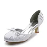 Satin Spool Heel Closed Toe Pumps Wedding Shoes With Bowknot Ruched (047005121)