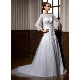 A-Line/Princess Scoop Neck Court Train Satin Tulle Wedding Dress With Beadwork (002004776)