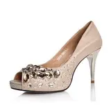 Real Leather Spool Heel Peep Toe Pumps With Rhinestone (086025047)