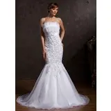 Mermaid Scalloped Neck Court Train Organza Satin Wedding Dress With Lace Sashes Sequins (002015171)