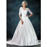 Ball-Gown V-neck Court Train Satin Tulle Wedding Dress With Ruffle Lace Sashes (002011615)