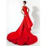 A-Line/Princess One-Shoulder Court Train Charmeuse Prom Dress With Beading (018020778)