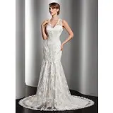 Mermaid V-neck Chapel Train Satin Tulle Wedding Dress With Lace Beadwork (002014512)