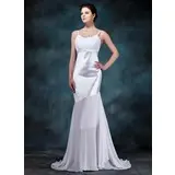 Sheath/Column Scoop Neck Sweep Train Chiffon Charmeuse Wedding Dress With Ruffle (002012670)