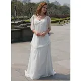 Empire V-neck Sweep Train Chiffon Wedding Dress With Ruffle Flower(s) (002024596)