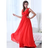 A-Line/Princess V-neck Floor-Length Chiffon Holiday Dress With Ruffle Beading Flower(s) (020017333)