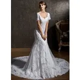 Mermaid Sweetheart Chapel Train Satin Tulle Wedding Dress With Lace Beadwork (002011596)