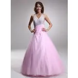 A-Line/Princess Halter Floor-Length Satin Tulle Quinceanera Dress With Ruffle Beading Sequins (021004662)