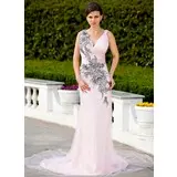 Sheath V-neck Court Train Satin Tulle Lace Evening Dress With Ruffle Beading Appliques (017017399)