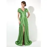 Empire V-neck Court Train Charmeuse Evening Dress With Ruffle (017022522)