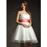 Empire Scalloped Neck Knee-Length Taffeta Tulle Homecoming Dress With Ruffle Sash (022021027)
