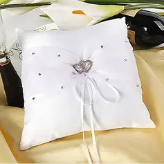 Ring Pillow In White Satin With Rhinestones Double Hearts(103018248)