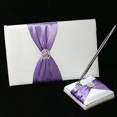 Chic Wedding Guest Book And Pen Set In Satin With Lilac Sash And Rhinestone(101018132)