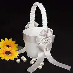 Flower Girl Basket In White Satin With Faux Peal(102018104)