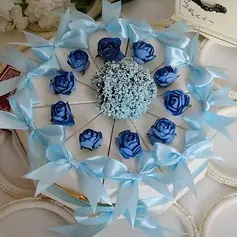 White Cake Favor Box With Blue Rose & Bow (Set of 10) (050024704)