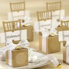 Gold Miniature Chair Favor Box With Heart Charm And Ribbon (Set of 12) (050005519)