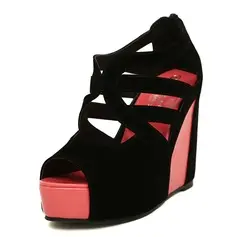 Leatherette Velvet Wedge Heel Peep Toe Platform Pumps With Zipper Braided Strap (085025153)
