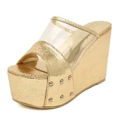 Leatherette Plastics Wedge Heel Peep Toe Platform Slippers Sandals Pumps (085025158)