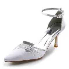 Satin Spool Heel Closed Toe Pumps Wedding Shoes With Buckle Rhinestone (047005037)