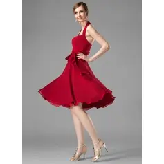 A-Line/Princess Halter Knee-Length Chiffon Bridesmaid Dress With Ruffle Bow(s) (007001816)