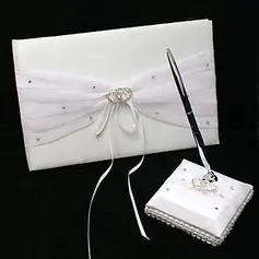 Wedding Guest Book and Pen Set in White Satin With Rhinestone Accents(101018137)