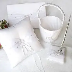 Linked Hearts White Satin Wedding Collection Set With Rhinestone (4 Pieces)(100017952)