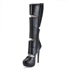 Leatherette Stiletto Heel Closed Toe Platform Knee High Boots With Hollow-out (088017948)