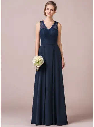 A-Line V-neck Floor-length Chiffon Lace Overlay Bridesmaid Dress