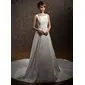 A-Line/Princess Scoop Neck Chapel Train Taffeta Wedding Dress With Ruffle (002011646)