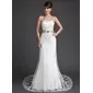 A-Line/Princess Strapless Court Train Satin Tulle Wedding Dress With Lace Sashes Crystal Brooch Sequins (002011998)