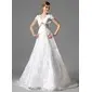 A-Line/Princess Square Neckline Chapel Train Satin Lace Wedding Dress With Lace Sashes Crystal Brooch (002000125)